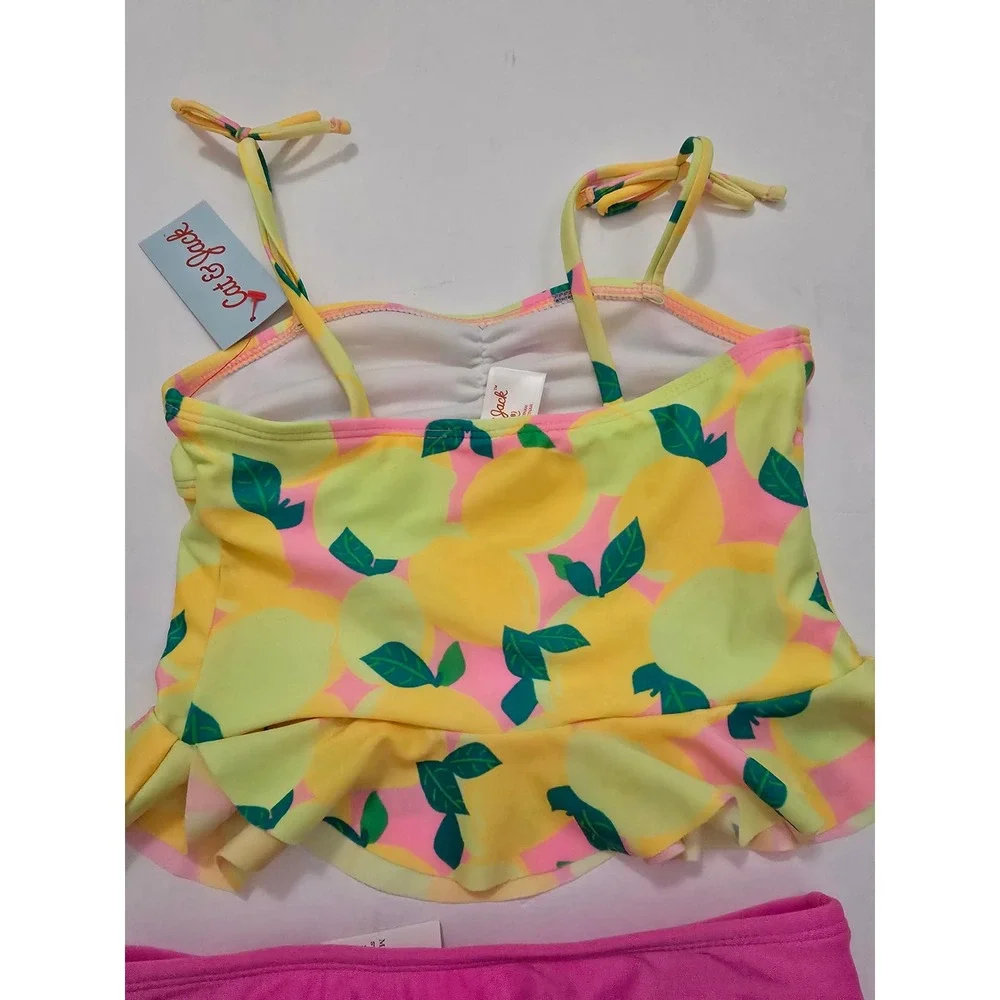 Cat & Jack Girls Lemon Print Tankini Swimsuit Set Pink Yellow Size M 8 NWT